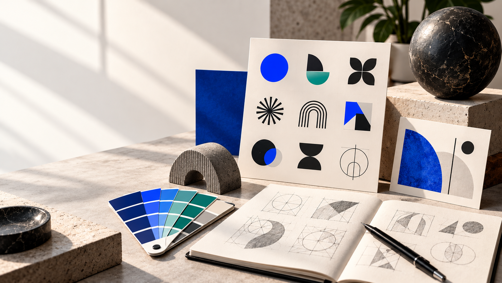 A UX design workspace with interface concept boards, color studies and sketching tools